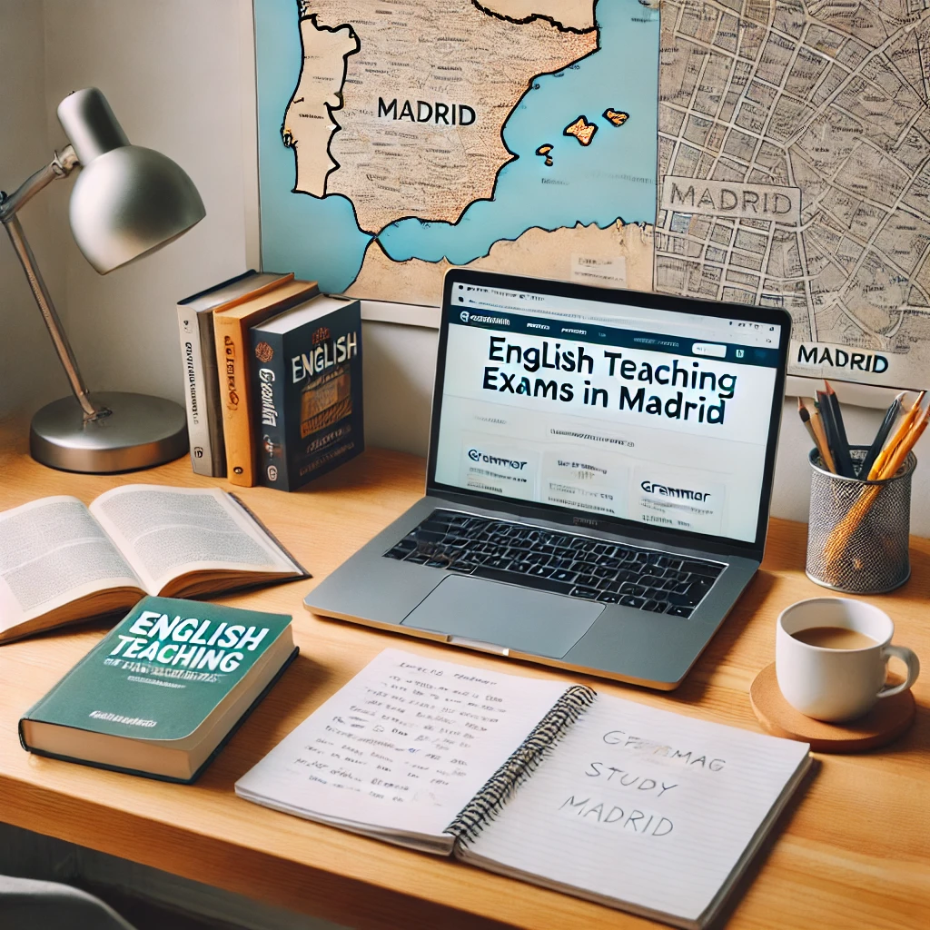 Guía Completa para las Oposiciones al Cuerpo de Maestros de Inglés en Madrid 2 preparador oposiciones inglés madrid Oposemad Organized study desk setup with grammar books, study notes, and a laptop for preparing English teaching exams in Madrid.